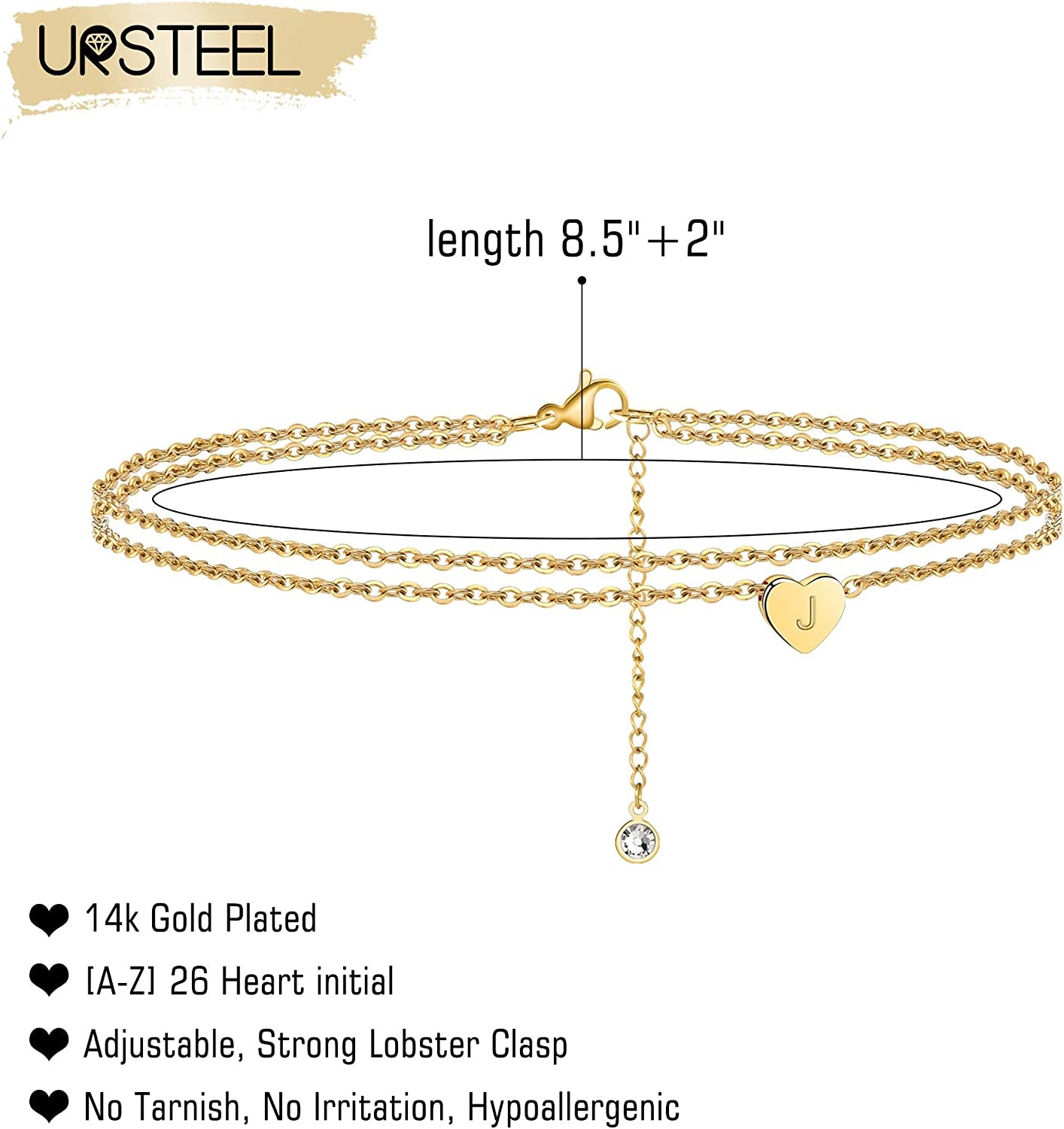 Ursteel Ankle Bracelets for Women, 14K Gold Plated Dainty Layered Heart Initial Anklets for Women Teen Girls Apparel & Accessories > Jewelry > Anklets Ursteel