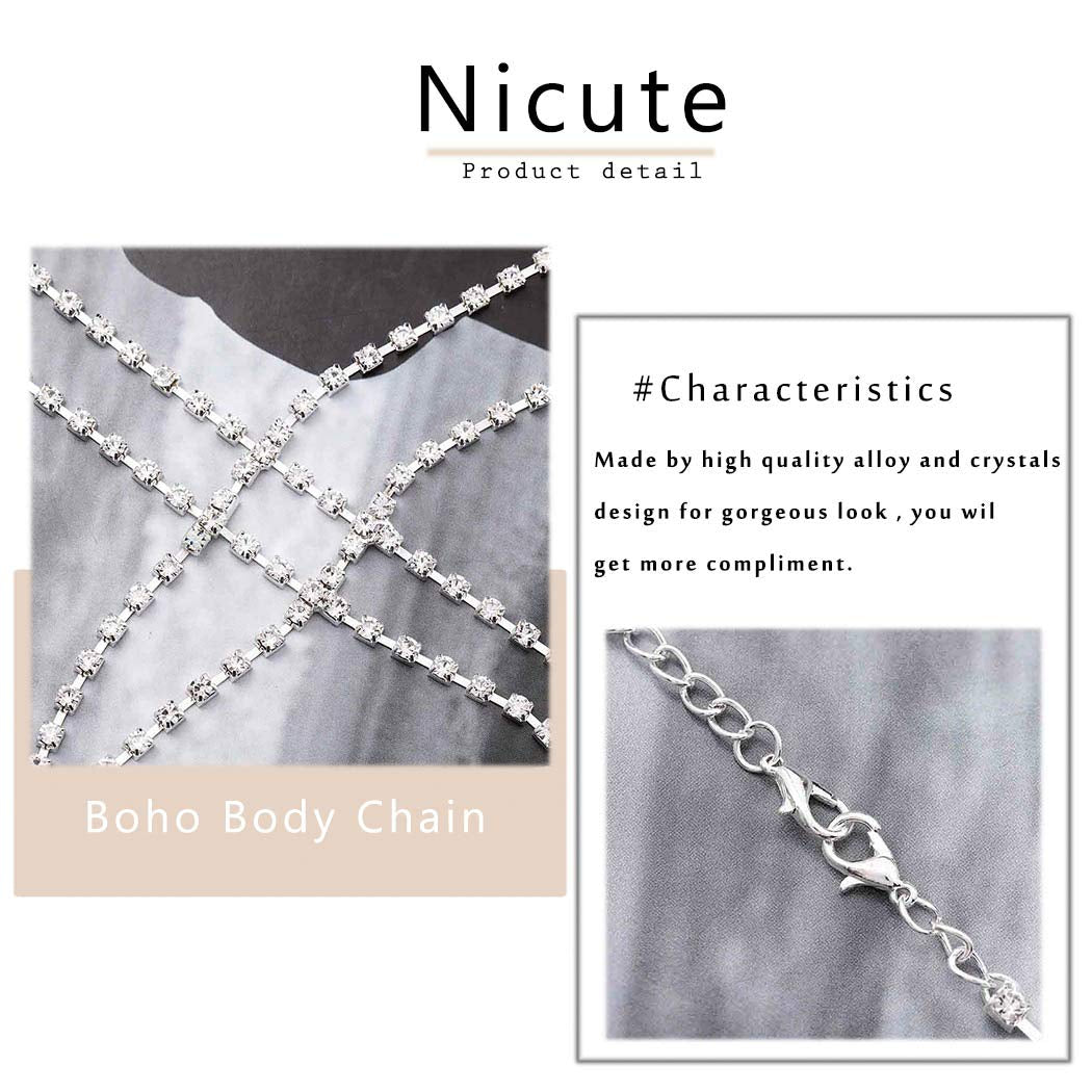 Nicute Boho Body Chain Rhinestone Bikini Bra Chains Summer Costumes Body Jewelry for Women and Girls (Silver) Apparel & Accessories > Jewelry > Body Jewelry Nicute