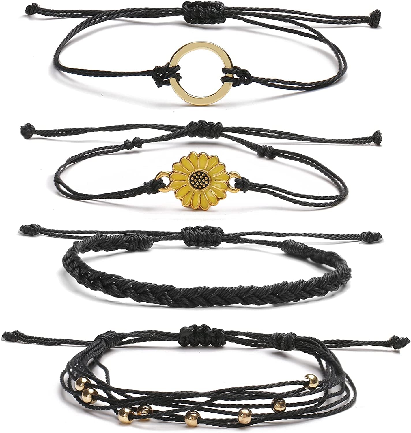 HUASAI Vsco String Bracelets for Teen Girls Women Waterproof Boho Rope Bracelets Wave Surfer Bracelets Summer Beach Anklets Apparel & Accessories > Jewelry > Anklets HUASAI Black Sunflower Bracelets Anklets