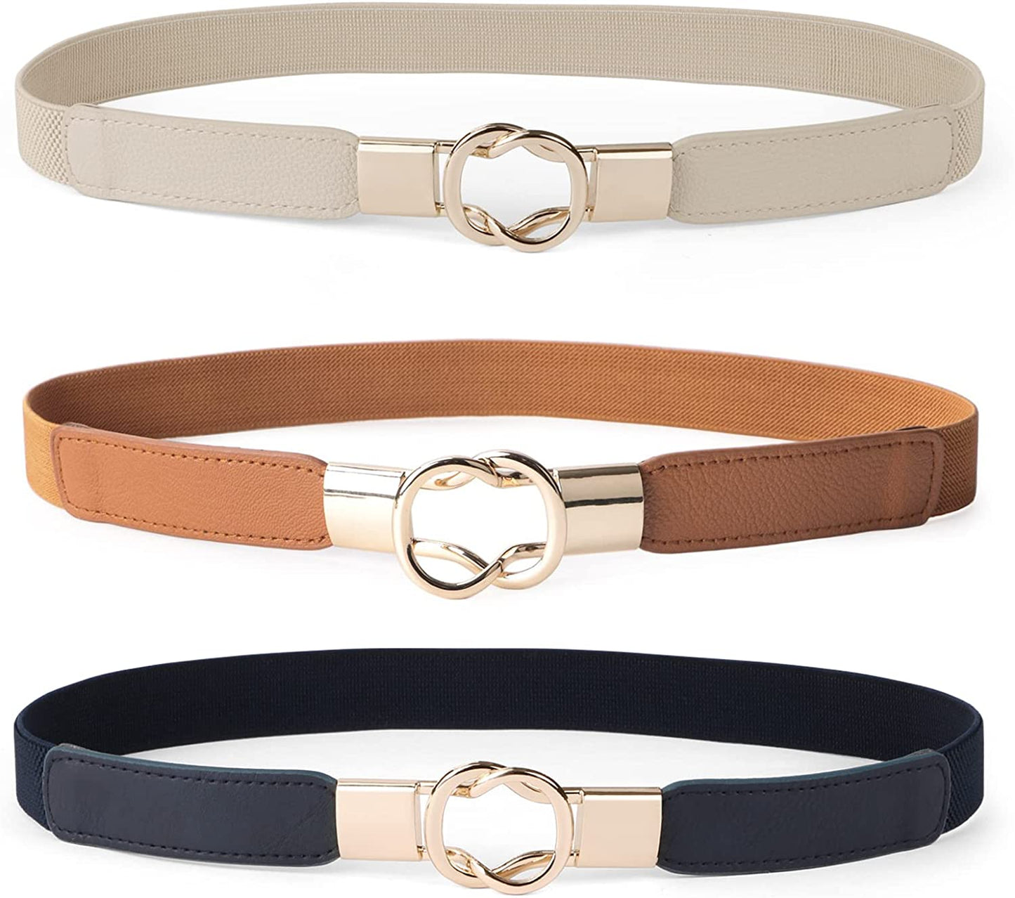 JASGOOD 2 Pack 3 Pack Women Retro Elastic Stretchy Metal Buckle Skinny Waist Belt 1 Inch Wide Apparel & Accessories > Clothing Accessories > Belts KYLIE MAX C-blue+brown+beige FIts Waist 27"-31"