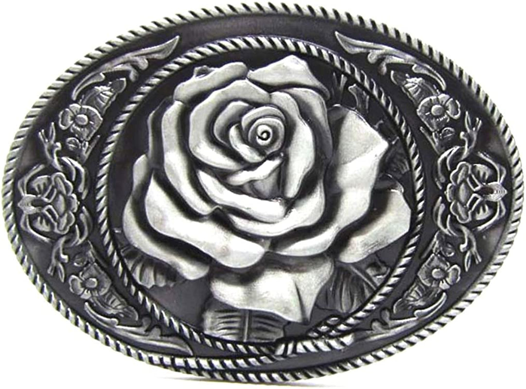 MASOP VOGU Vintage Oval Flower Rose Belt Buckle Cowgirl Girl Mens Rodeo Floral Metal Apparel & Accessories > Clothing Accessories > Belts MASOP VOGU White