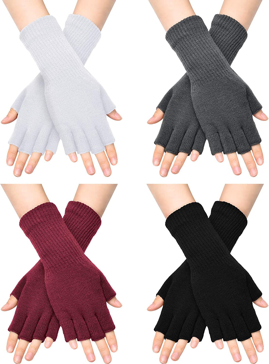 Unisex Half Finger Gloves Winter Stretchy Knit Fingerless Typing Gloves for Women Apparel & Accessories > Clothing Accessories > Gloves & Mittens SATINIOR Black, White, Dark Grey, Wine Red 4