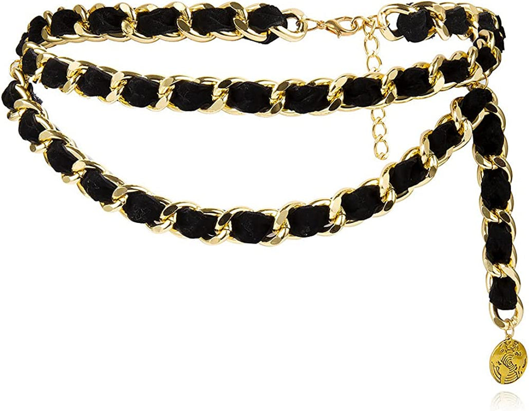 Jurxy Alloy Waist Chain Body Chain Weave Rope Winding Twist Chain for Women Waist Belt Pendant Belly Chain Adjustable Body Harness for Jeans Dresses - S Size – Black and Gold Apparel & Accessories > Jewelry > Body Jewelry Jurxy