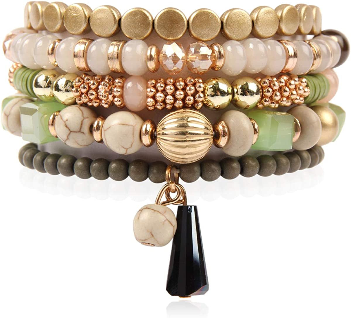 Bohemian Mix Bead Multi Layer Versatile Statement Bracelets - Stackable Beaded Strand Stretch Bangles Sparkly Crystal, Tassel Charm Apparel & Accessories > Jewelry > Bracelets RIAH FASHION Green