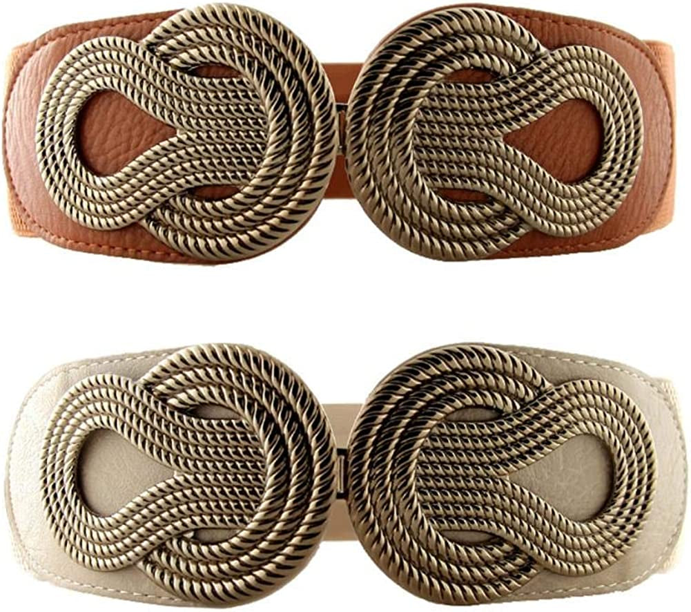 VOCHIC 2Pcs Vintage Basic Stretchy Elastic Wide Waist Belt for Womens Dress Metal Interlock Buckle Apparel & Accessories > Clothing Accessories > Belts VOCHIC Brown+apricot Small(25"-32")