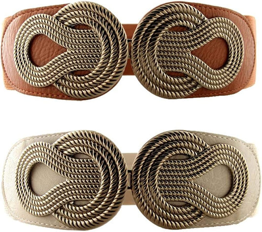VOCHIC 2Pcs Vintage Basic Stretchy Elastic Wide Waist Belt for Womens Dress Metal Interlock Buckle Apparel & Accessories > Clothing Accessories > Belts VOCHIC Brown+apricot Small(25"-32")