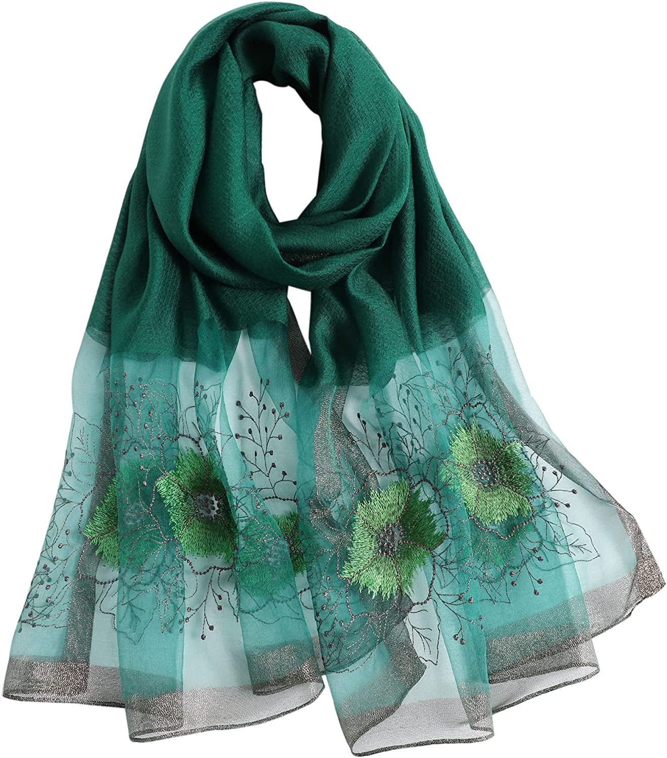 WINCESS YU Women Mulberry Silk Scarf Long & Large Embroidered Floral Pattern Shawl and Wraps Neckerchief for Hair & Neck Apparel & Accessories > Clothing Accessories > Scarves & Shawls WINCESS.YU Sunflower Green
