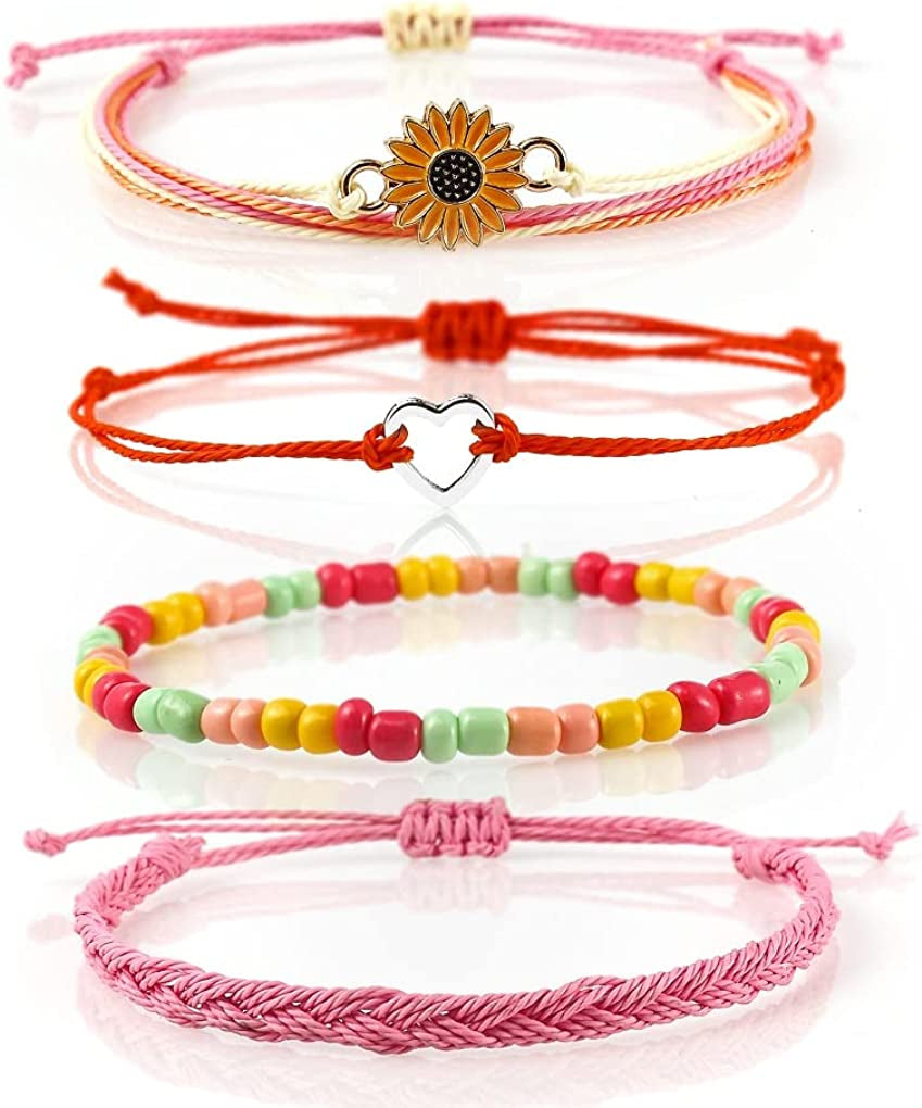 Caiyao 4 Pcs Summer Surfer Wave Anklet Bracelets Adjustable Strand Braided String Rope Bracelets Waterproof Handmade Sunflower Bracelets Anklets Jewelry for Women Teen Girls Apparel & Accessories > Jewelry > Anklets InShine heart pink
