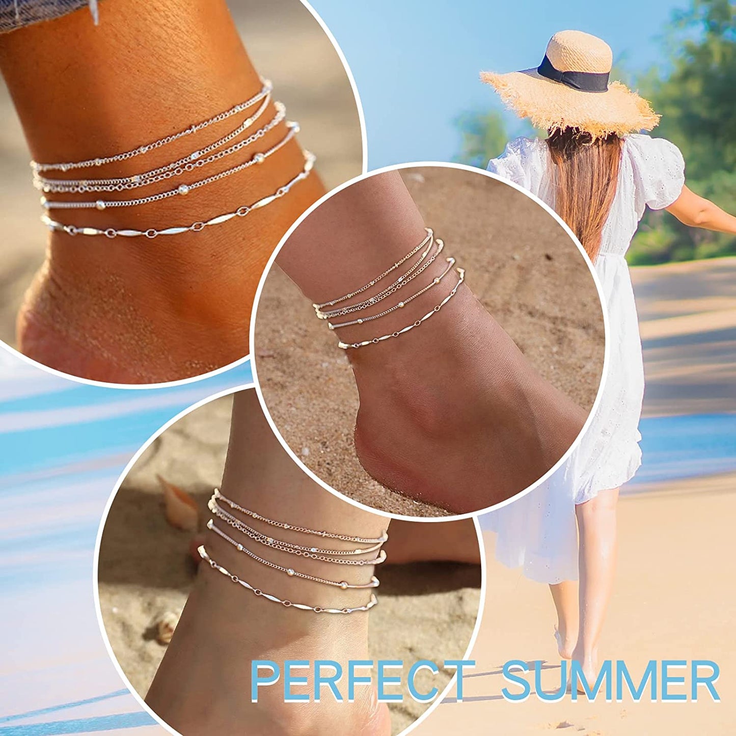 Five Layered Anklet Bracelets for Women Silver Gold Beaded Chain Anklet for Teen Girls Boho Multi-Layered Anklet Bracelets Beach Foot Chain Jewelry Jewelry Gifts Apparel & Accessories > Jewelry > Anklets Dcfywl731