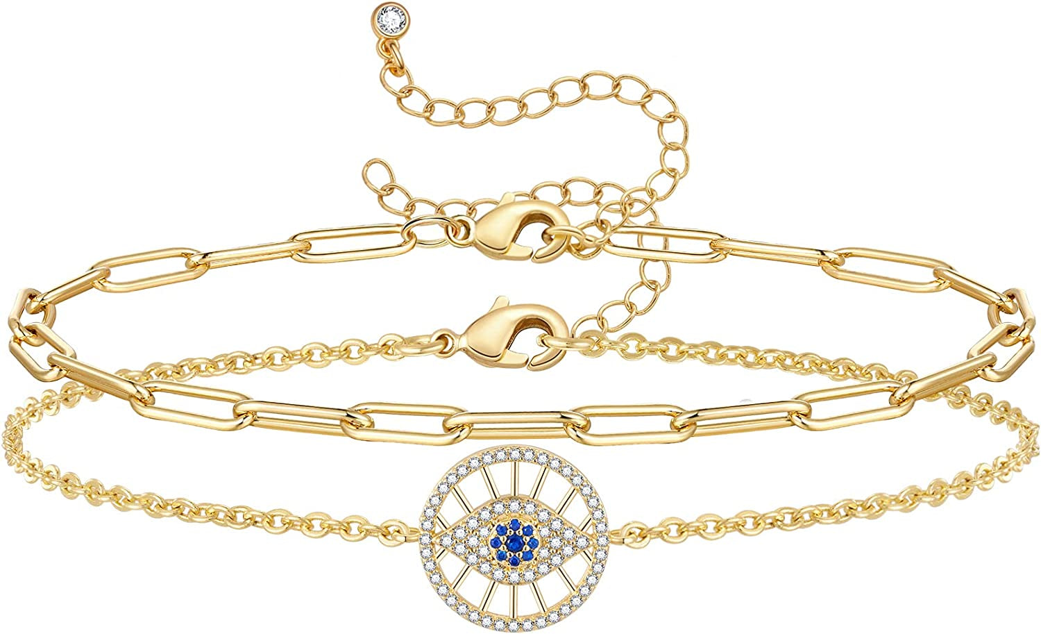 Kissyan Gold Layered Ankle Bracelets for Women, Dainty 14K Gold Plated Layering Anklets Set Adjustable Fashion Cuban Link Snake Tennis Chain Ankles Summer Beach Foot Jewelry Gifts for Women Girls Apparel & Accessories > Jewelry > Anklets KissYan R-Round Evil Eye