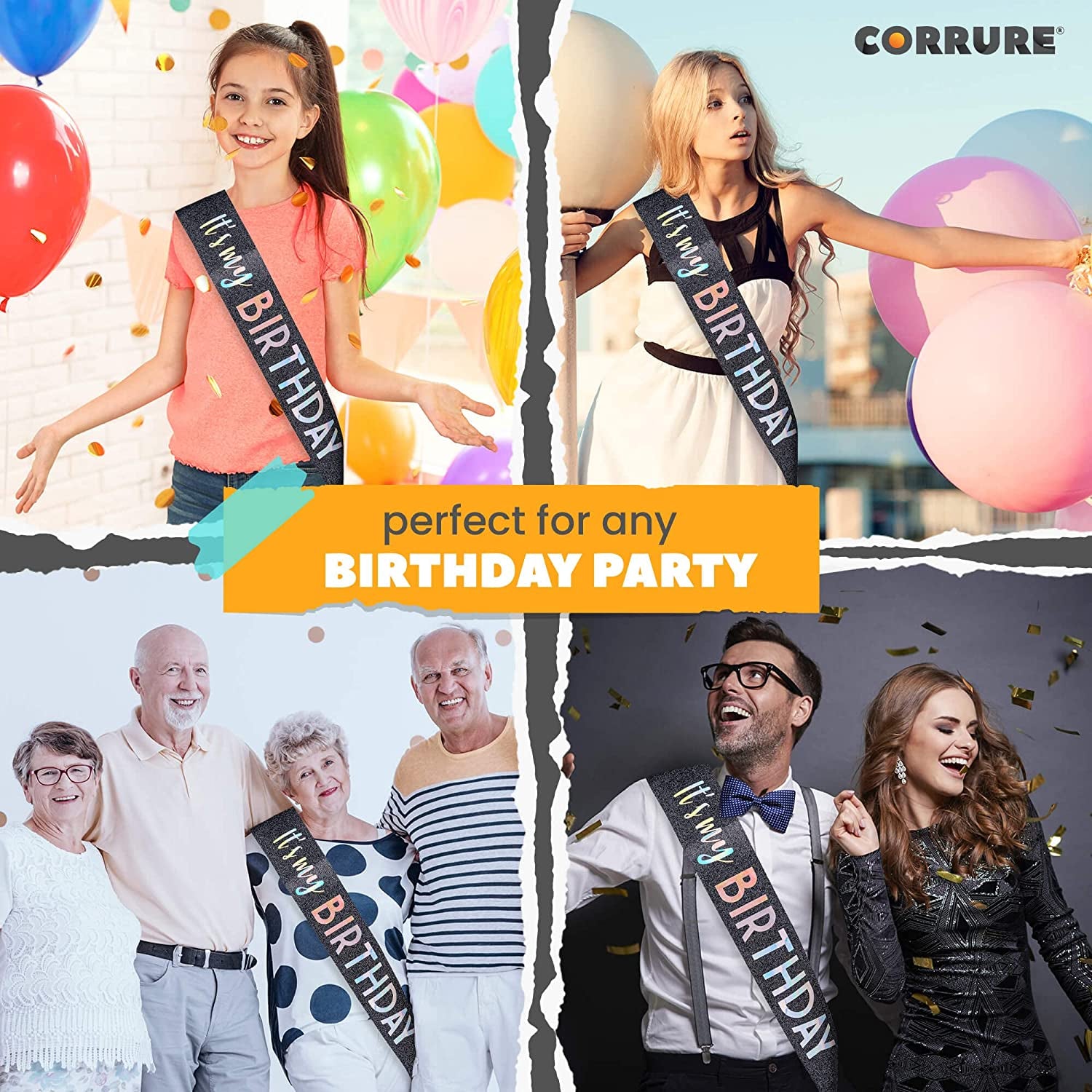 CORRURE 'It'S My Birthday' Sash Glitter with Multicolor Foil - Black Glitter Happy Birthday Sash for Women - Party Favors Supplies and Decorations for Sweet 16, 18Th 21St 30Th 40Th or Any Bday Party Apparel & Accessories > Clothing Accessories > Sashes CORRURE