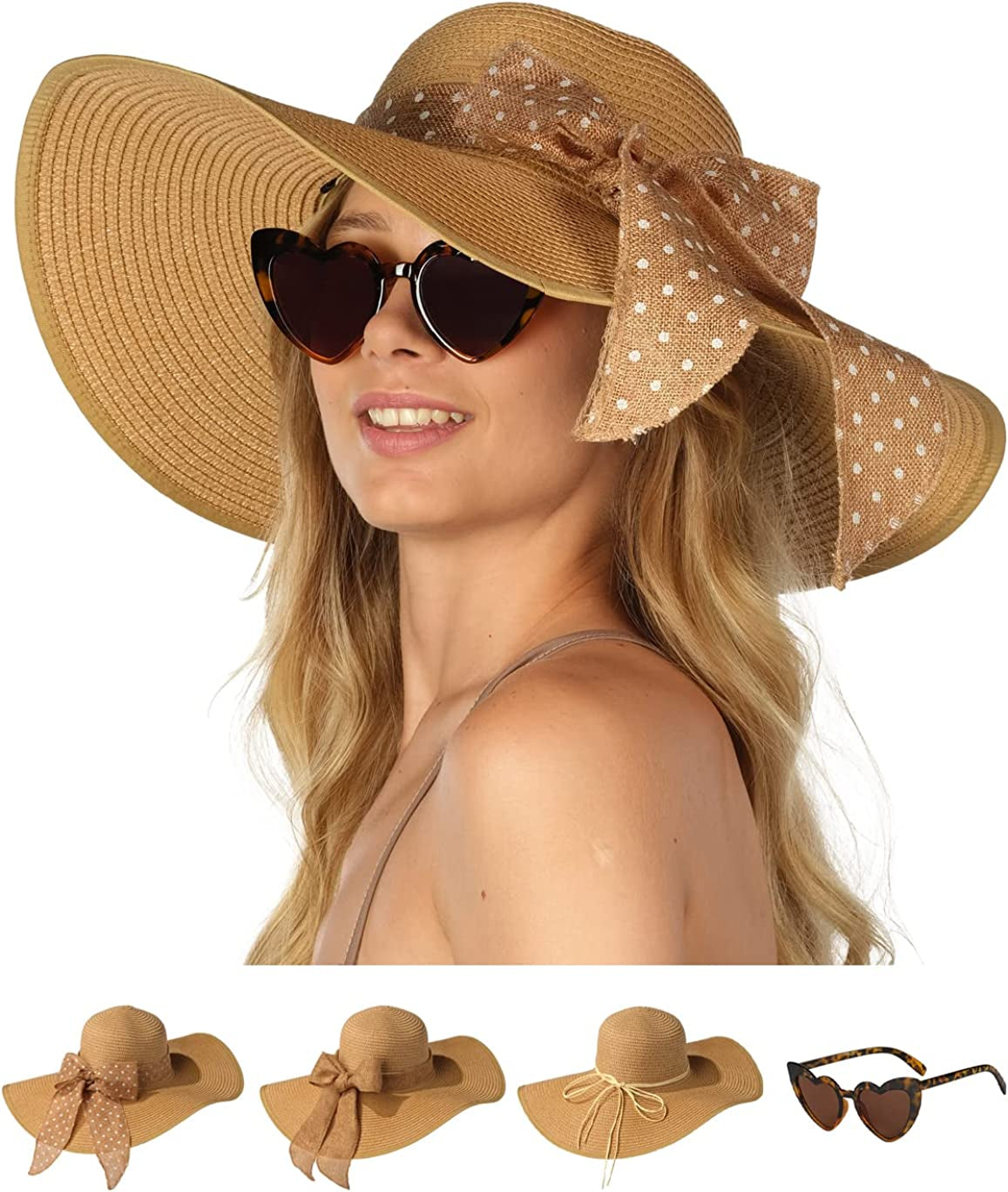 Funcredible Wide Brim Sun Hats for Women - Floppy Straw Hat with Heart Shape Glasses Apparel & Accessories > Clothing Accessories > Hats Funcredible Khaki