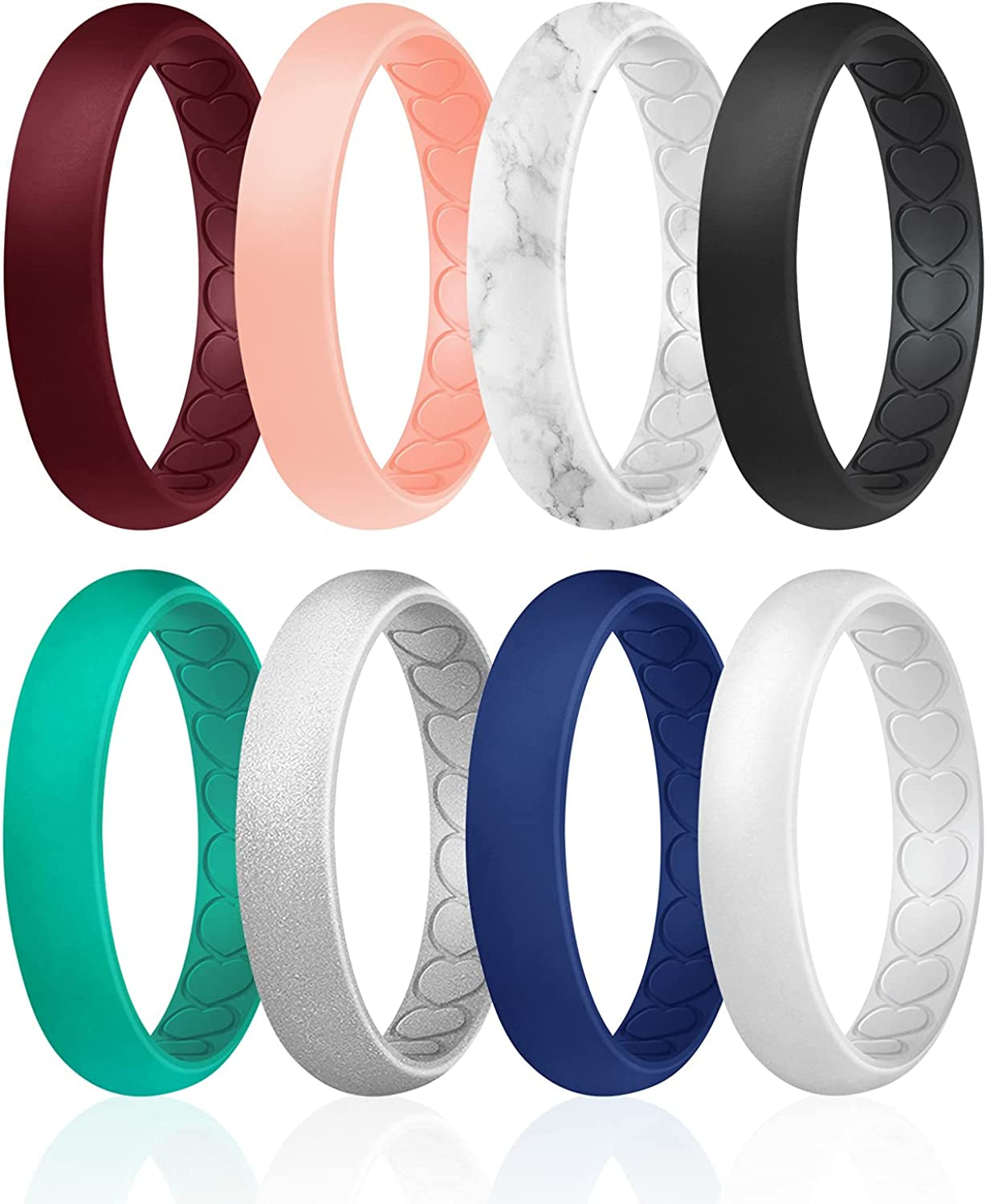 ROQ Silicone Wedding Bands for Women - Breathable Thin Inner Hearts Unique Design Womens Silicone Rubber Ring - Bridal Jewelry Set Anniversary Rings - U.S. Design Patent Pending Apparel & Accessories > Jewelry > Body Jewelry ROQ Bordeaux, Rose Gold, Marble White with Black, Black, Teal, Silver, Blue, White 5 - 5.5 (15.7mm)