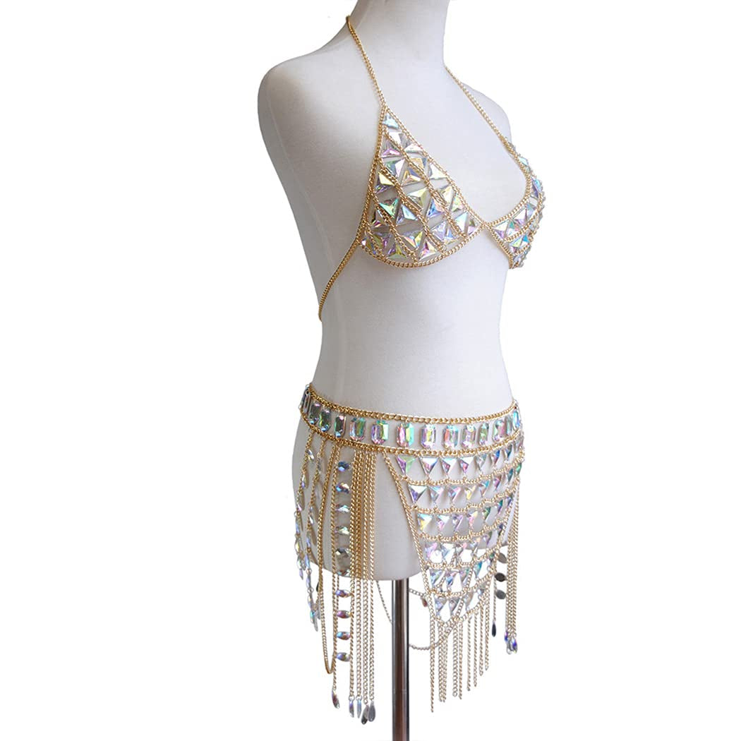 Canb Rhinestone Body Chain Suit Boho Body Waist Belly Chain Skirt Crystal Body Chain Bra Top Festival Jewelry for Women and Girls (VI) Apparel & Accessories > Jewelry > Body Jewelry CanB