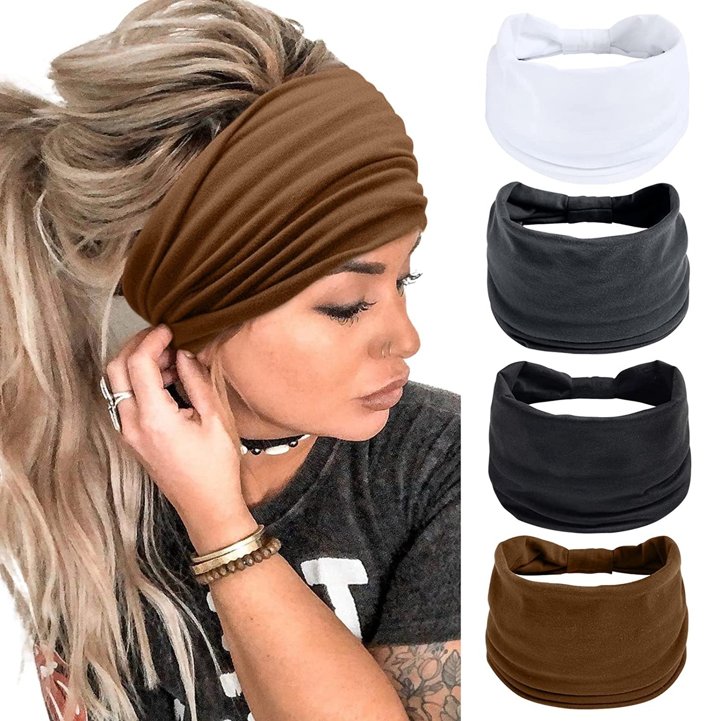 Wide Headbands for Women Black Stylish Head Wraps Boho Thick Hairbands Large African Sport Yoga Turban Headband Hair Accessories (Pack of 4) Apparel & Accessories > Clothing Accessories > Bandanas & Headties Huachi Headbands 5
