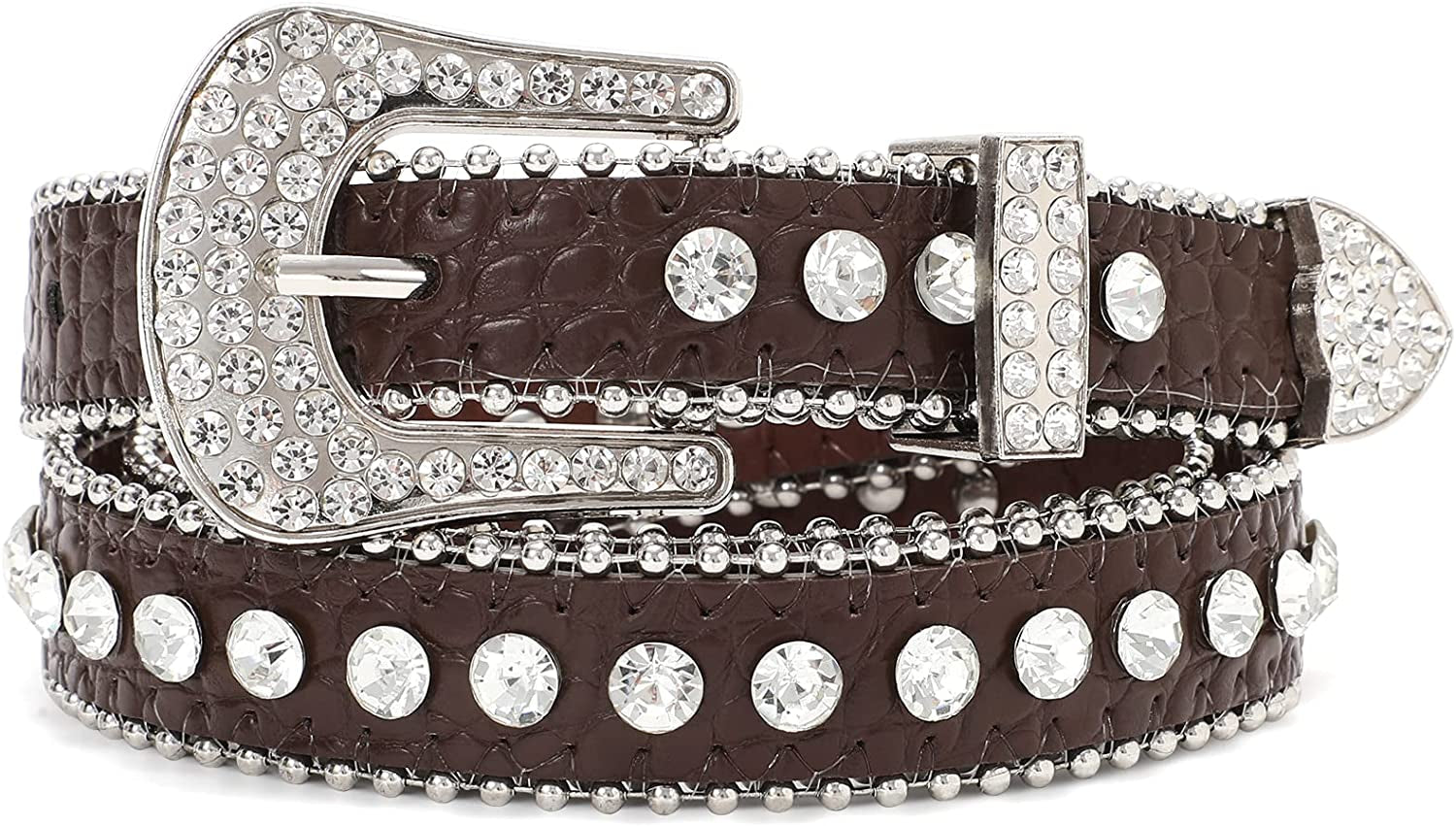 Men Women Fashion Rhinestone Belt SUOSDEY Western Cowgirl Bling Studded Design Leather Diamond Belt for Jeans Dress Apparel & Accessories > Clothing Accessories > Belts SUOSDEY 12:coffee Color M:fits waist size 33''-37''