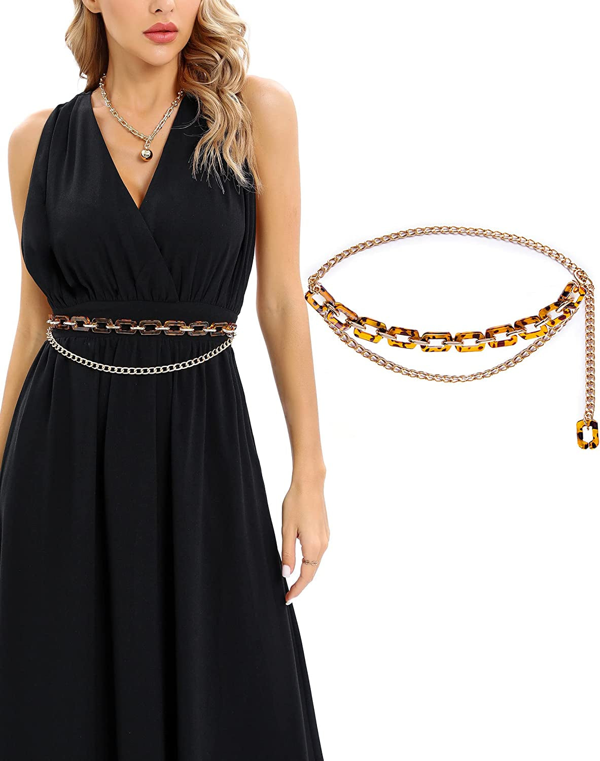 FAN&LOUIS Gold Waist Chain Belt for Women Dresses Metal Link Dangling Cinturones De Mujer Apparel & Accessories > Jewelry > Body Jewelry FAN&LOUIS Leopard L: Fit waist 40"- 46"