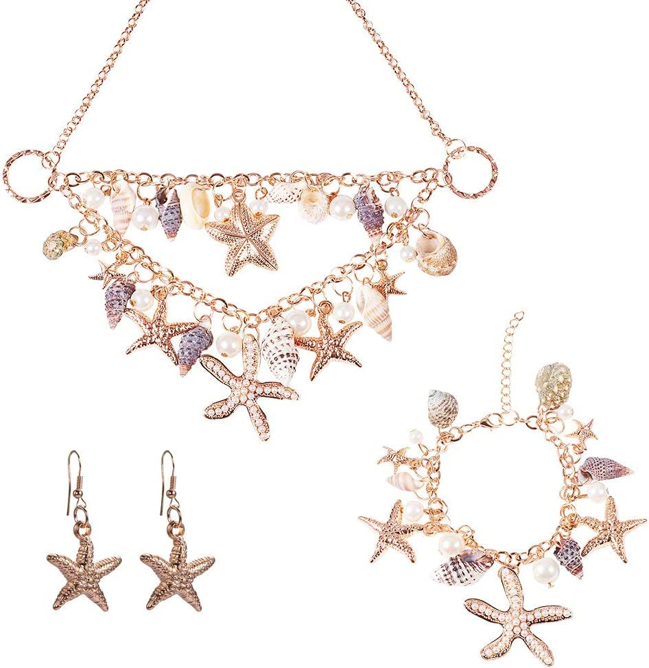 PH Pandahall Starfish Shell Anklet Bracelets Conch Starfish Faux Pearl Anklet Bracelet Charm Women Bohemian Adjustable Shell Bracelet Mermaid Costume Jewelry for Women Silver(7” with 2” Extend Chain) Apparel & Accessories > Jewelry > Anklets PH PandaHall Gold Bracelet & Necklace & Earrrings + Gift Box