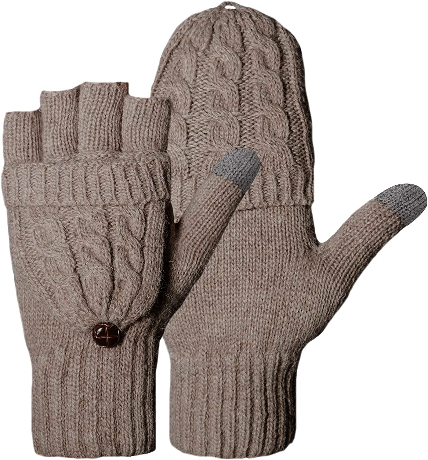Winter Gloves Warm Wool Knit Flip Fingerless Gloves Mittens for Women Gifts Apparel & Accessories > Clothing Accessories > Gloves & Mittens Loritta F- Khaki