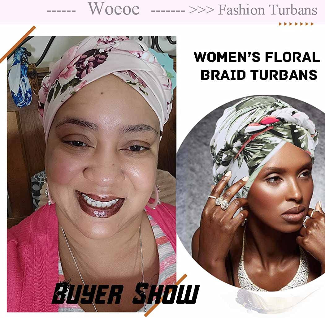Woeoe African Turban Head Wrap Pink Pattern Head Scarf Soft Flower Print Head Cover Cap Headwear for Women and Girls(Pack of 2) Apparel & Accessories > Clothing Accessories > Headwear Woeoe