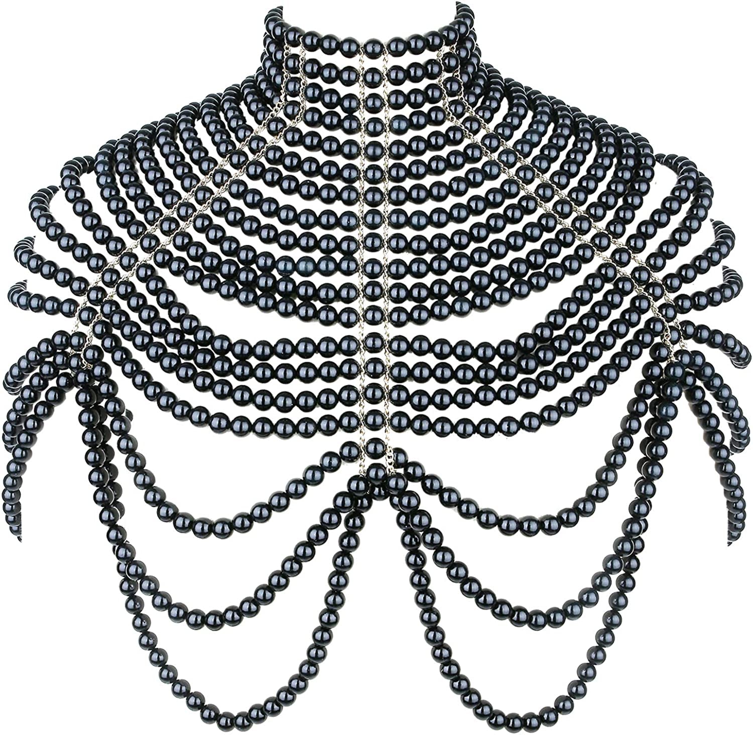 LORYP Pearl Body Chain Necklace for Women - Adjustable Size Pearl Shoulder Chains Fashion Colorfast Pearl Body Chain Jewelry Apparel & Accessories > Jewelry > Body Jewelry LORYP Black