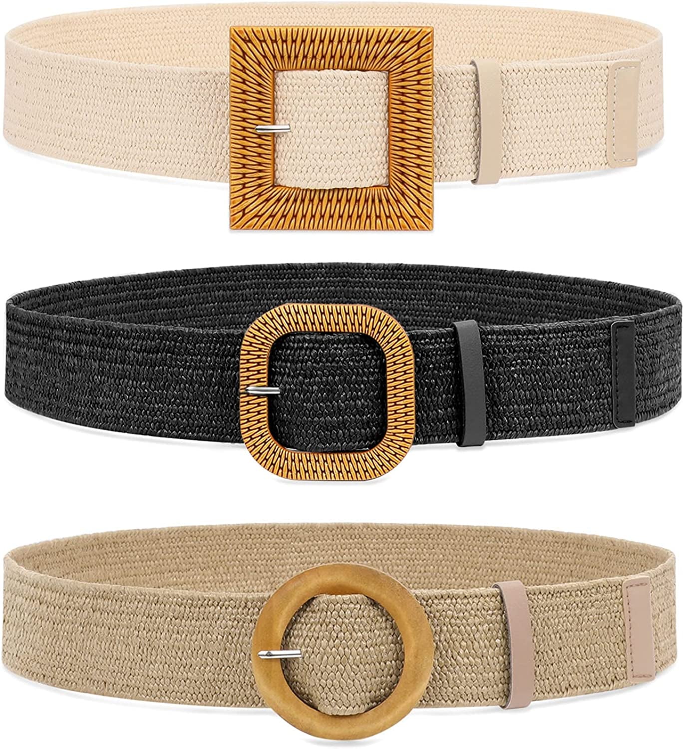 Set of 4 Straw Woven Elastic Stretch Waist Belts for Women, Fashion Boho Ladies Braided Skinny Dress Belt by WHIPPY Apparel & Accessories > Clothing Accessories > Belts WHIPPY 4-black/Sand/Khaki Fit Waist up to 40"