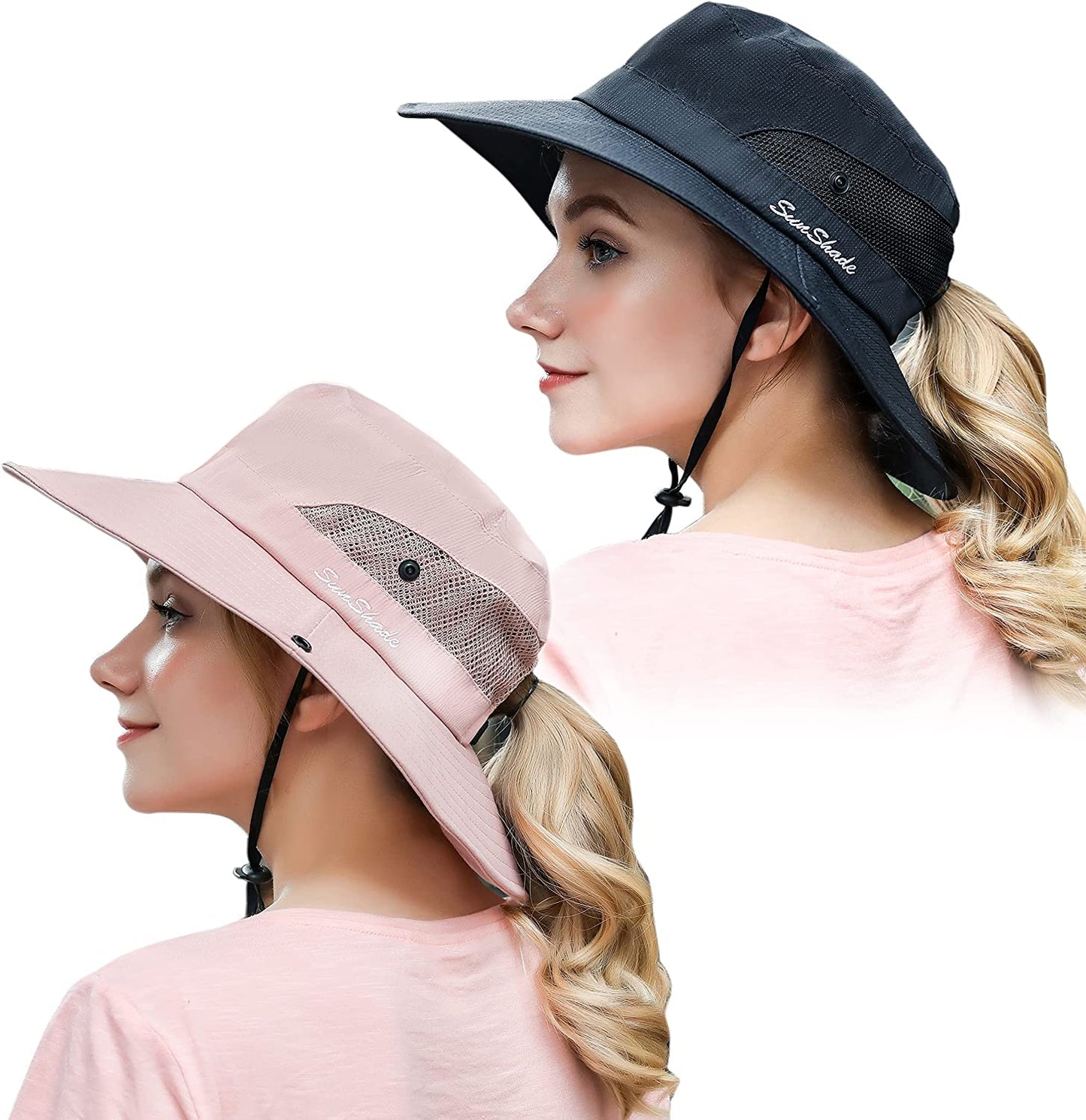 Muryobao 2 Pack Women Ponytail Summer Sun Hat UV Protection Wide Brim Foldable Safari Fishing Cap Apparel & Accessories > Clothing Accessories > Hats Muryobao 2 Pack - Pure Pink & Black