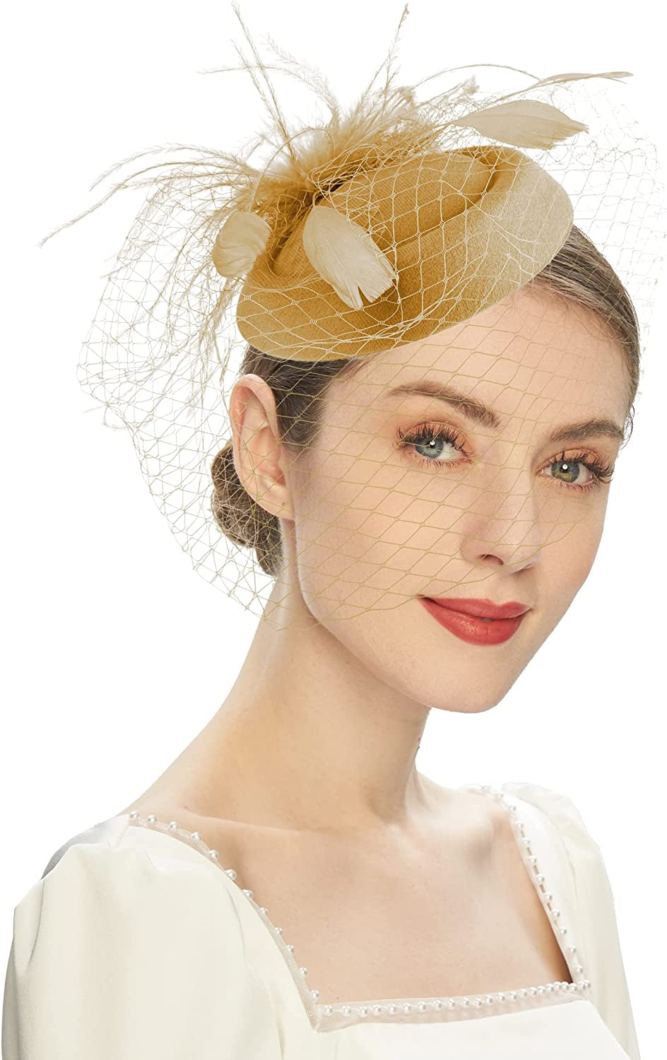 Fascinators Hats 20S 50S Hat Pillbox Hat Cocktail Tea Party Headwear with Veil for Girls and Women Apparel & Accessories > Clothing Accessories > Headwear Cizoe B-gold