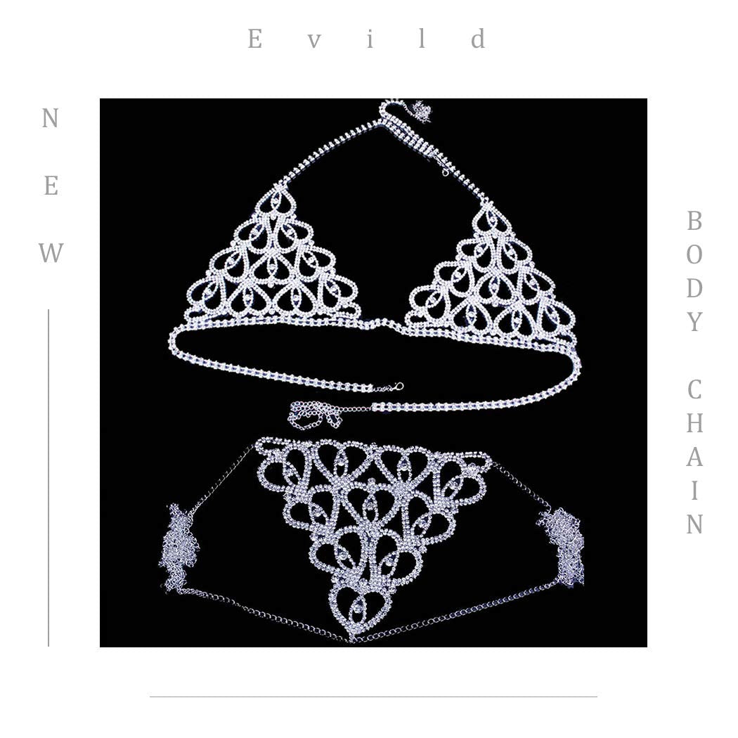 Evild Crystal Body Chain Silver Bikini Bra Chain Suit Beach Waist Belly Chain Crop Top Underwear Body Jewelry Accessories for Women and Girls Apparel & Accessories > Jewelry > Body Jewelry EVILD