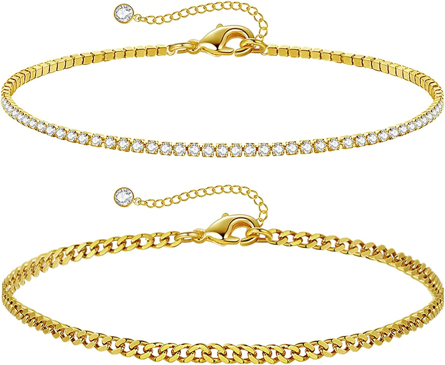 HAXIYA Ankle Bracelets for Women, 14K Gold Plated Adjust Beach Anklet, Cuban Link Chain, Beaded Anklet, Diamond Anklet, Figaro Chain, Water Proof for Summer Apparel & Accessories > Jewelry > Anklets HAXIYA Cuban-2