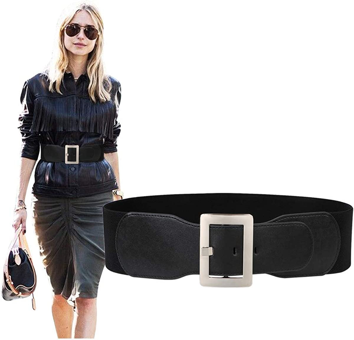 Women Wide Cinch Waist Belt Ladies Fashion Belt for Dresses with Metal Buckle Apparel & Accessories > Clothing Accessories > Belts SUOSDEY 01-black - Silver Buckle Fit Waist 32"-37"