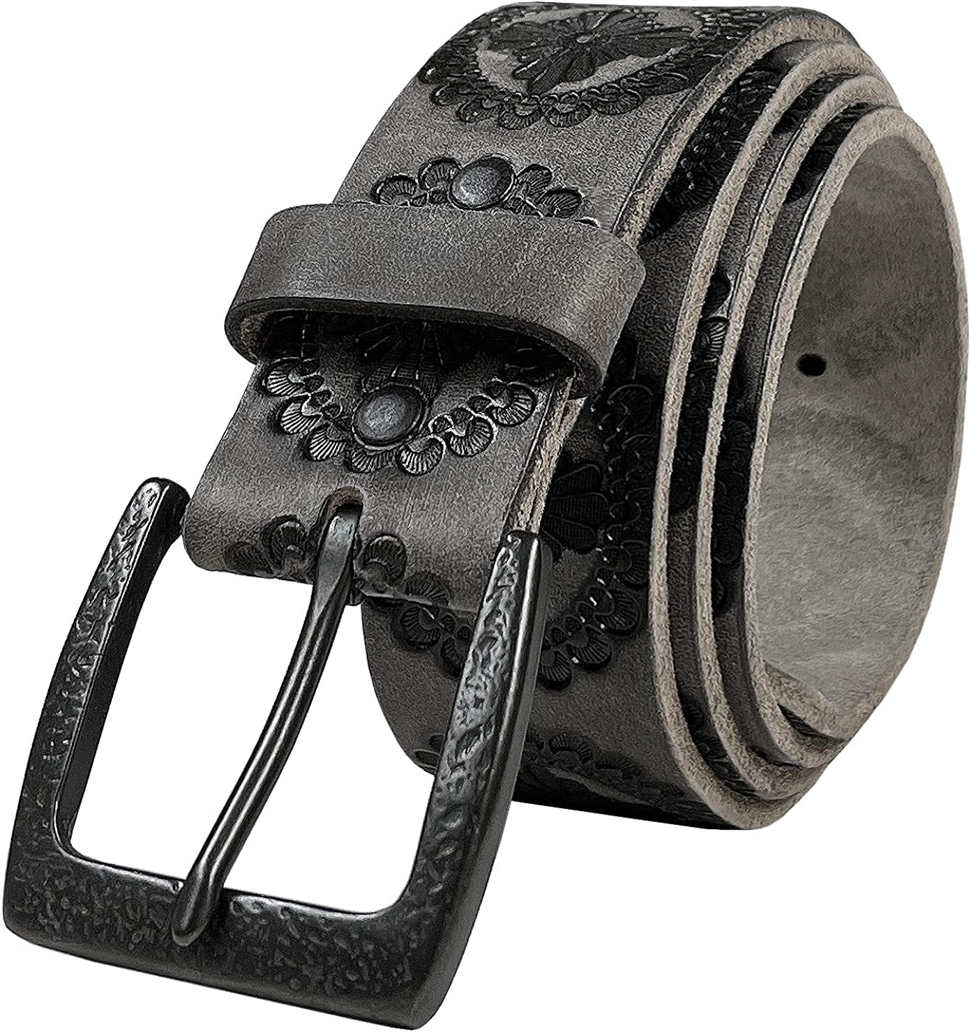 Cowboy Cowgirl Western Tooled Floral Embossed Full Grain Genuine Leather Belt Strap 1-1/2"(38Mm) Wide Apparel & Accessories > Clothing Accessories > Belts Belts.com Type D - Gray 38