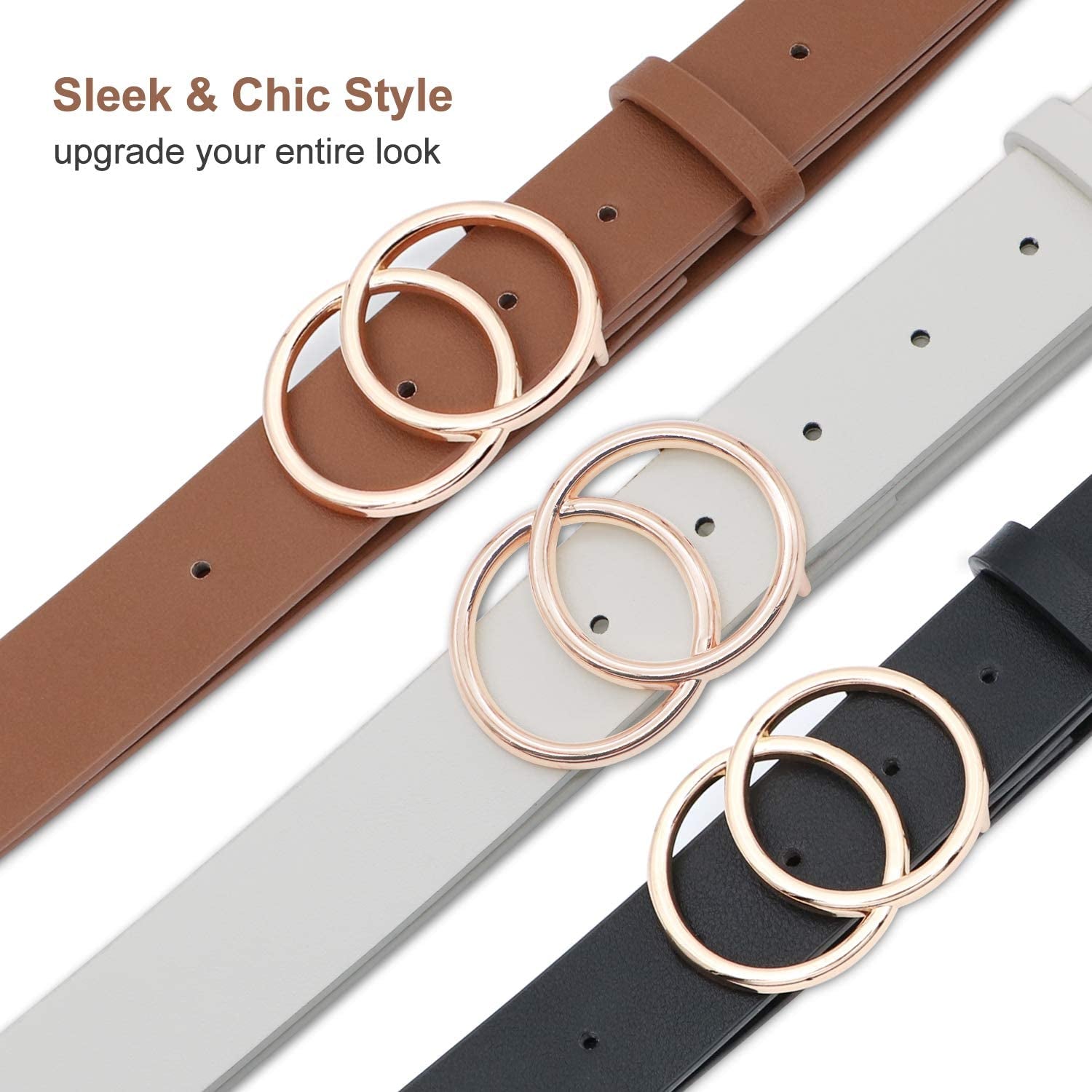 Women Leather Belt Fashion Double O-Ring Soft Faux Leather Waist Belts for Jeans Dress Apparel & Accessories > Clothing Accessories > Belts SUOSDEY