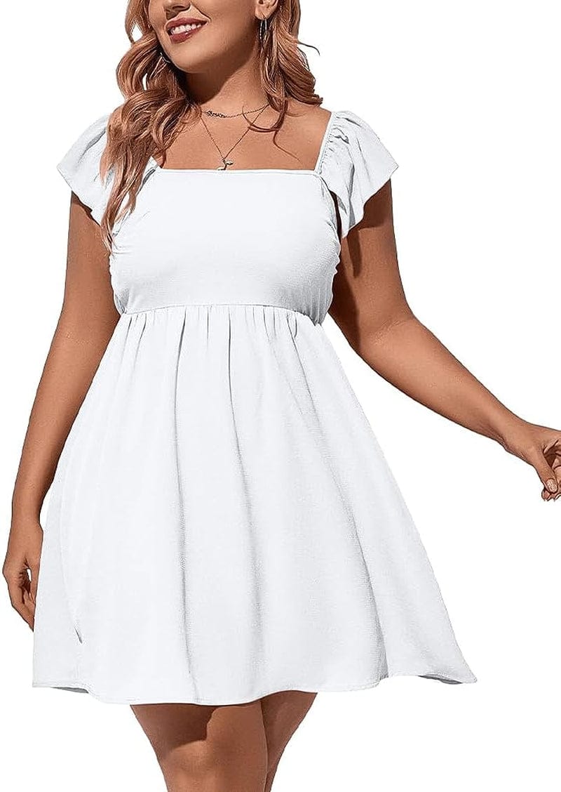 DAAWENXI Women'S plus Size Casual High Waist Short Sleeve Square Neck a Line Mini Dress White / Large