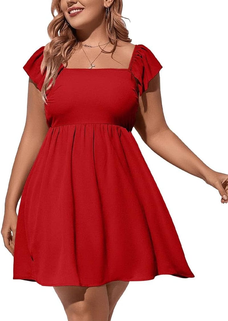 DAAWENXI Women'S plus Size Casual High Waist Short Sleeve Square Neck a Line Mini Dress Red / X-Large