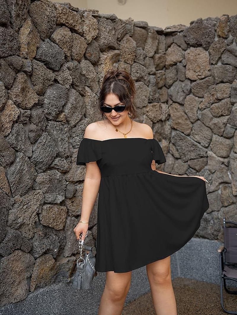 DAAWENXI Women'S plus Size Casual High Waist Short Sleeve Square Neck a Line Mini Dress