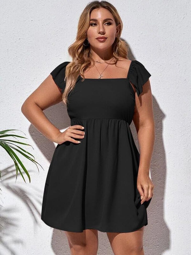 DAAWENXI Women'S plus Size Casual High Waist Short Sleeve Square Neck a Line Mini Dress