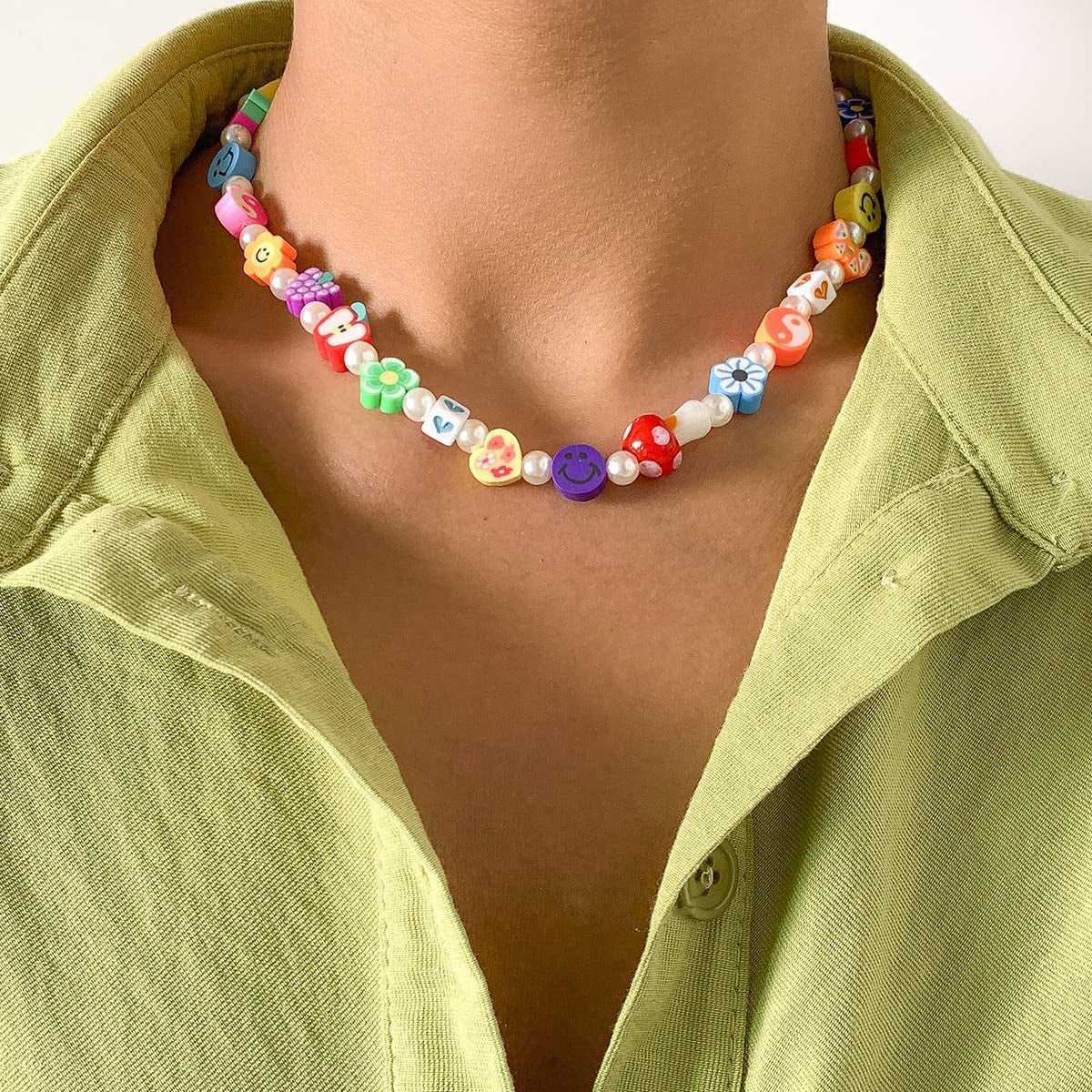 Boho Smiley Layered Beaded Necklaces with Strand Bracelet, Smile Face Star Fruits Flowers Heart Shape Beads Pearl Stackable Collar Necklace Anklet for Women Girls Vsco Summer Beach Trip Apparel & Accessories > Jewelry > Anklets Bincon
