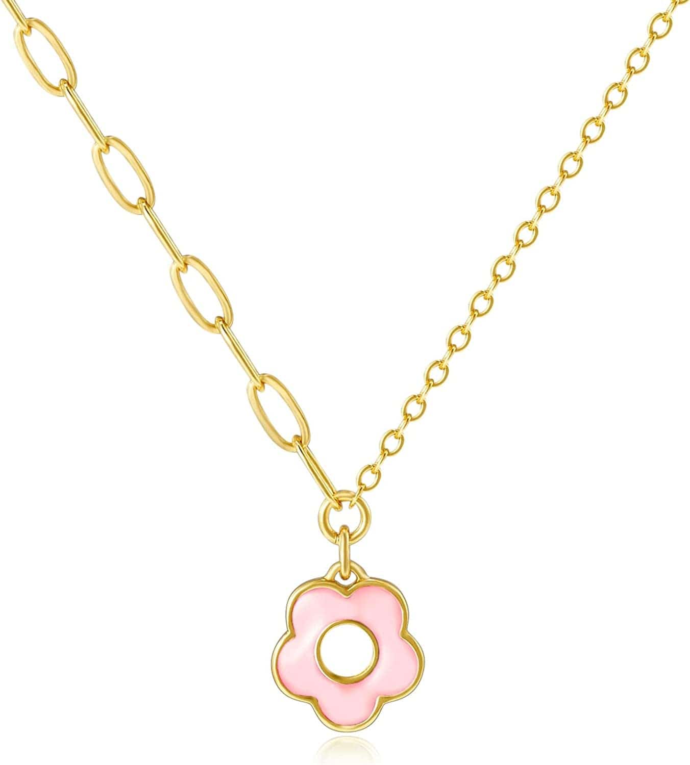 Dainty Gold Necklaces: Pendant Necklace for Women Trendy Long Gold Plated Cute Choker Necklaces for Teen Girls Trendy Jewelry Gifts for Women Mom Female Friend Daughter 16"+3" Pink