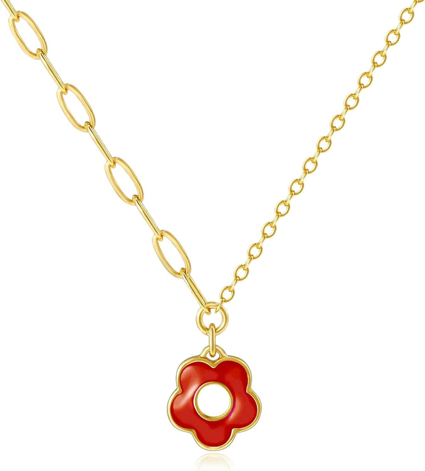 Dainty Gold Necklaces: Pendant Necklace for Women Trendy Long Gold Plated Cute Choker Necklaces for Teen Girls Trendy Jewelry Gifts for Women Mom Female Friend Daughter 16"+3" Red
