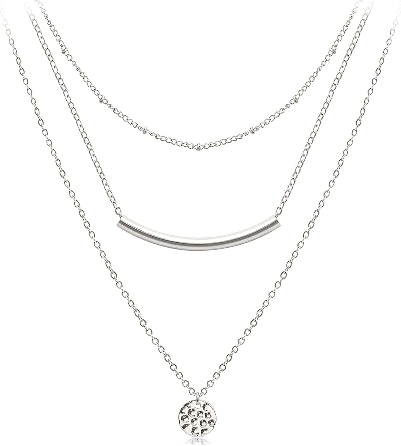 Dainty Layered Choker Necklaces Handmade Coin Tube Star Pearl Pendant Multilayer Adjustable Layering Chain Gold Plated Necklaces Set for Women Girls Silver-Textured Disc&Bar