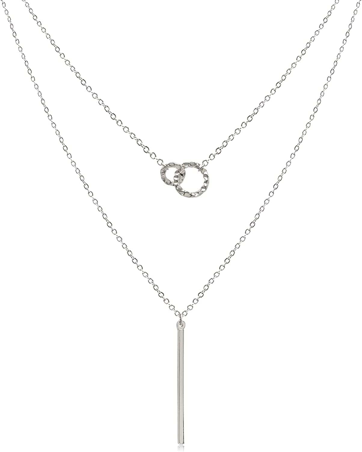 Dainty Layered Choker Necklaces Handmade Coin Tube Star Pearl Pendant Multilayer Adjustable Layering Chain Gold Plated Necklaces Set for Women Girls Silver-Linked Circle&Bar