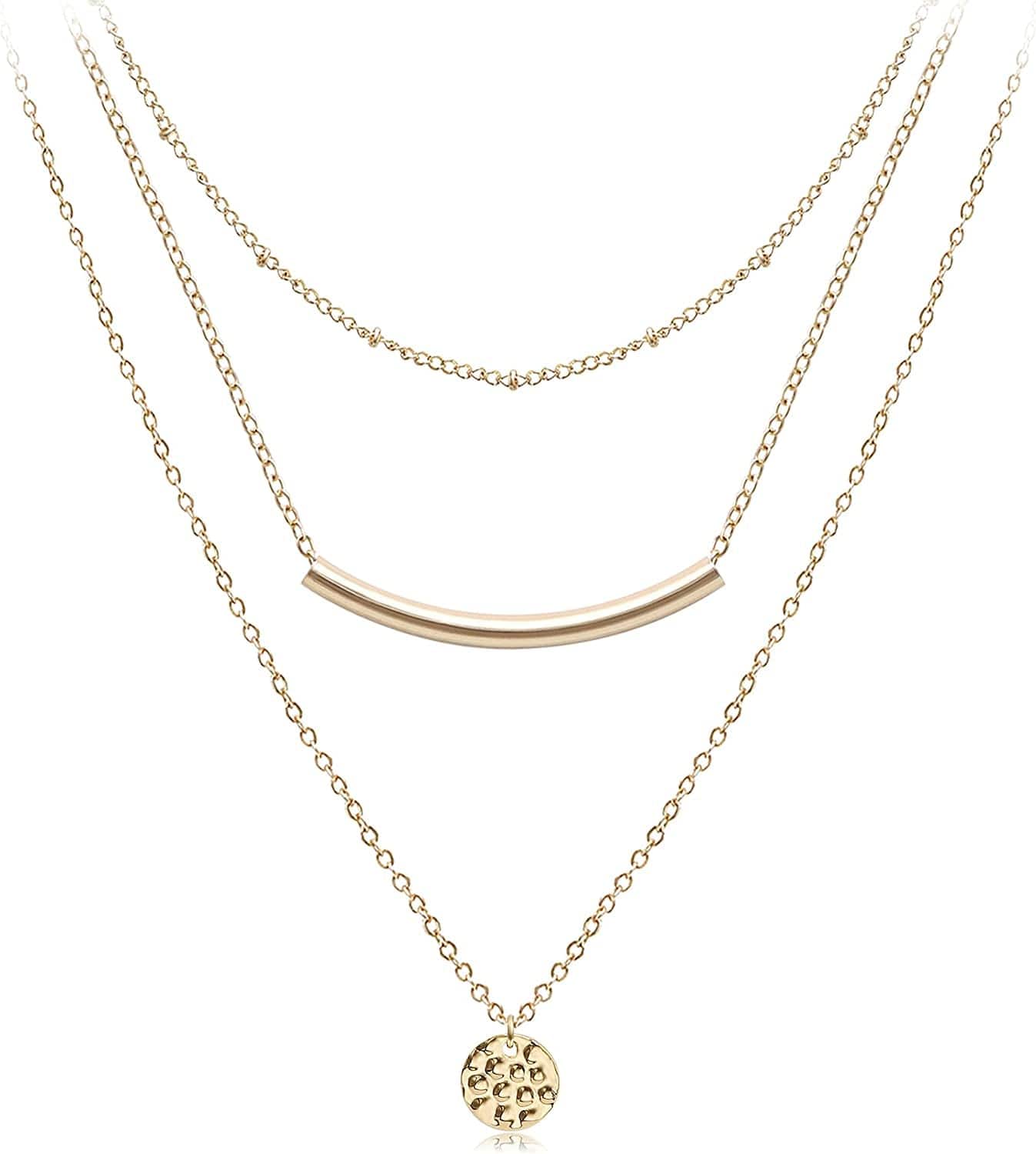 Dainty Layered Choker Necklaces Handmade Coin Tube Star Pearl Pendant Multilayer Adjustable Layering Chain Gold Plated Necklaces Set for Women Girls Golden-Textured Disc&Bar