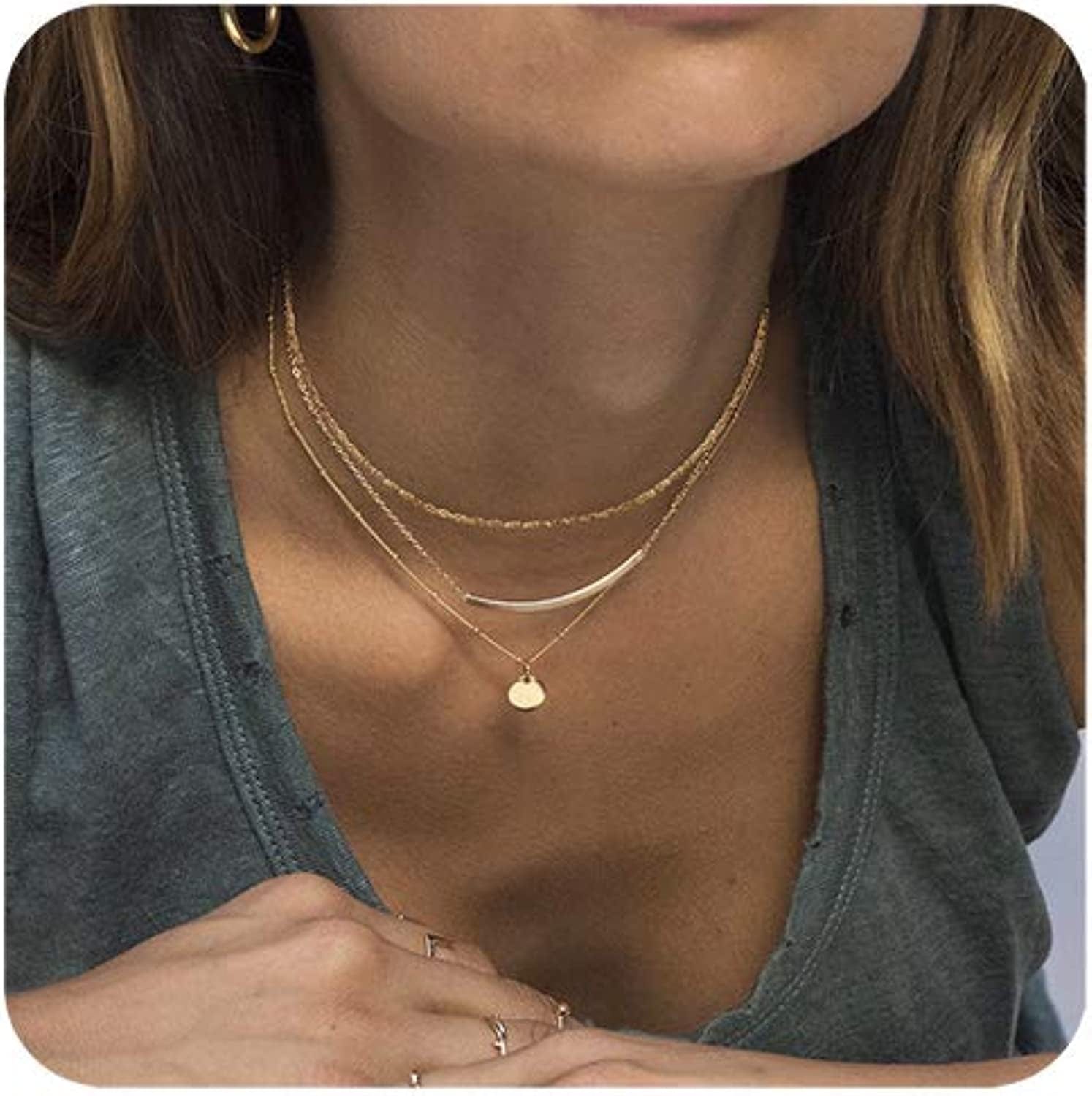 Dainty Layered Choker Necklaces Handmade Coin Tube Star Pearl Pendant Multilayer Adjustable Layering Chain Gold Plated Necklaces Set for Women Girls Chain,Elegant,Gold Plated,Simple