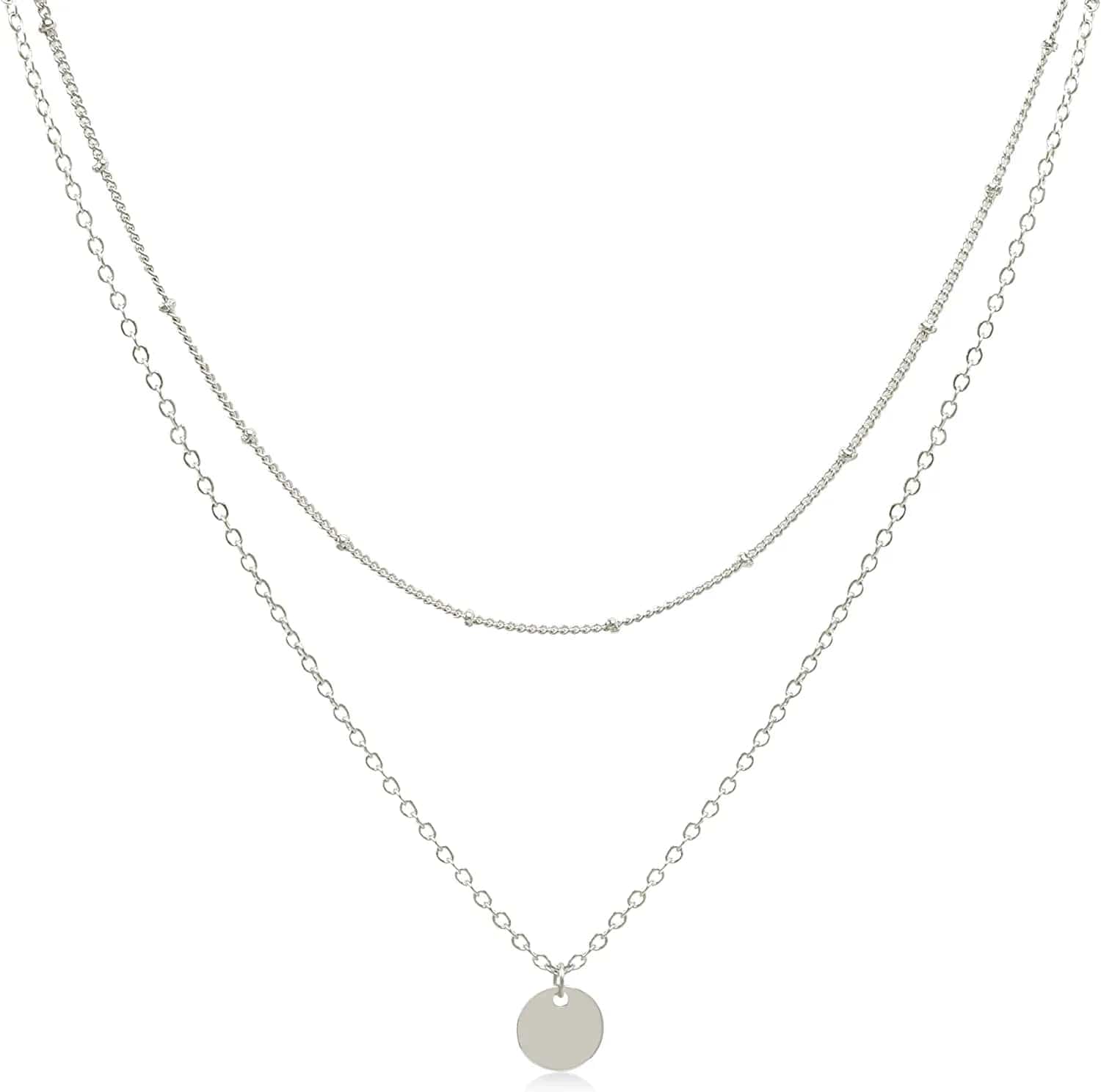 Dainty Layered Choker Necklaces Handmade Coin Tube Star Pearl Pendant Multilayer Adjustable Layering Chain Gold Plated Necklaces Set for Women Girls Silver-Coin necklace