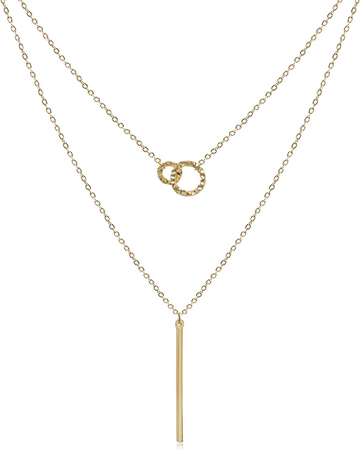 Dainty Layered Choker Necklaces Handmade Coin Tube Star Pearl Pendant Multilayer Adjustable Layering Chain Gold Plated Necklaces Set for Women Girls Golden-Linked Circle&Bar