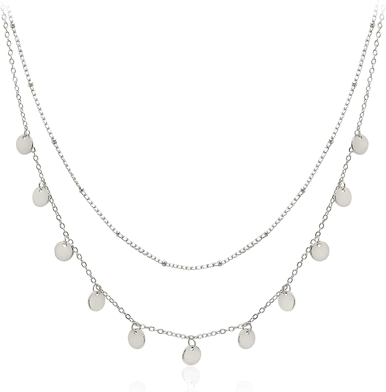 Dainty Layered Choker Necklaces Handmade Coin Tube Star Pearl Pendant Multilayer Adjustable Layering Chain Gold Plated Necklaces Set for Women Girls Silver-Coin Charms