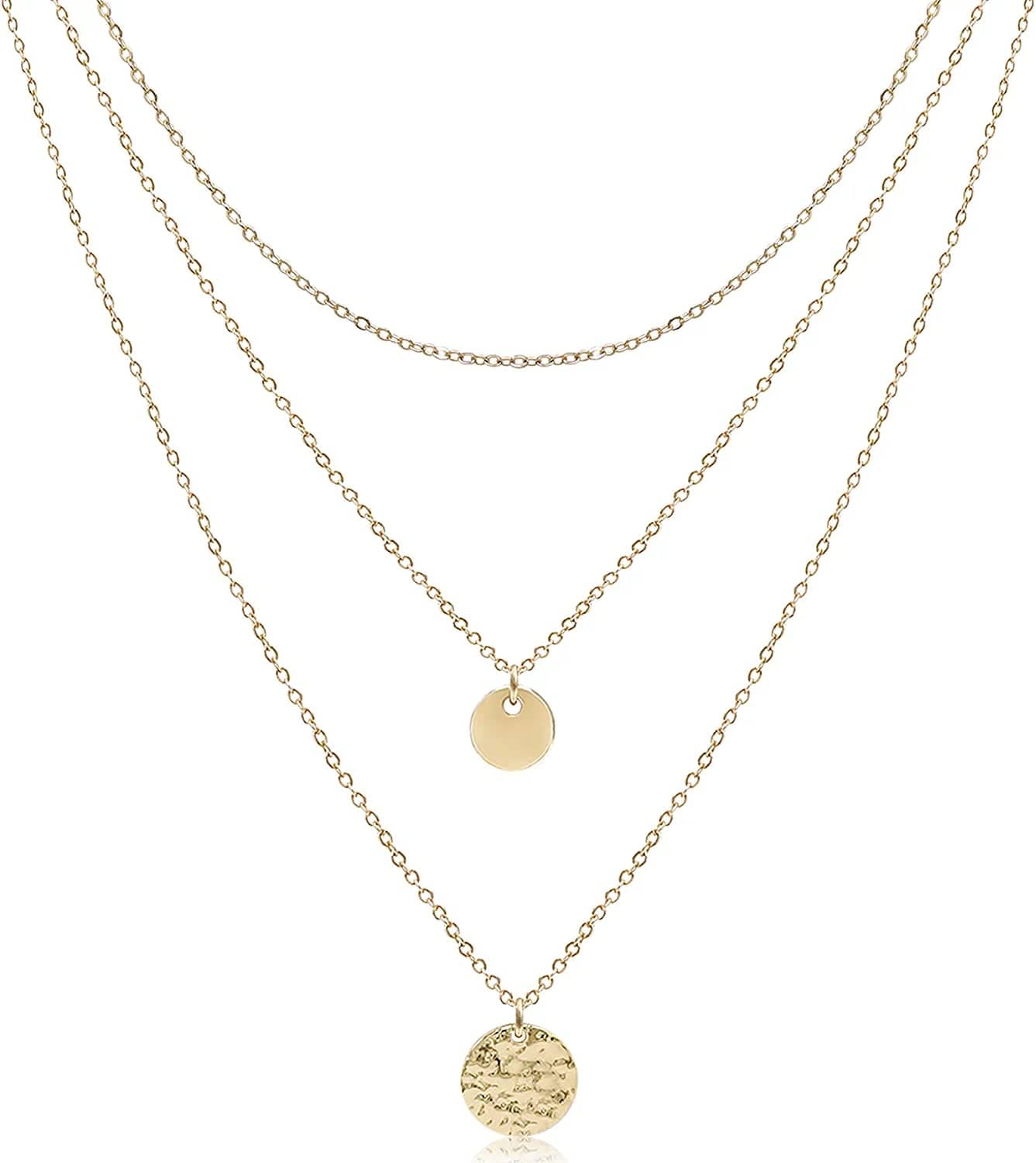 Dainty Layered Choker Necklaces Handmade Coin Tube Star Pearl Pendant Multilayer Adjustable Layering Chain Gold Plated Necklaces Set for Women Girls Golden-Full Moon&Disc