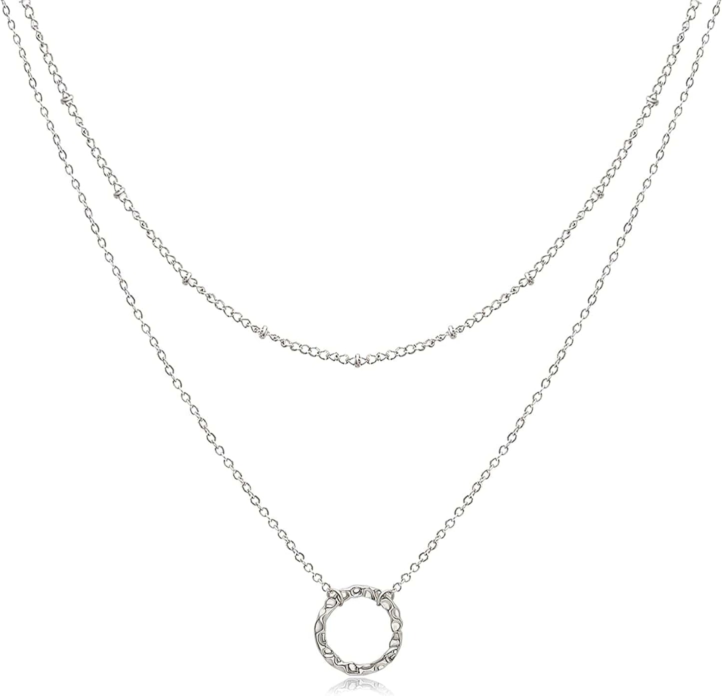 Dainty Layered Choker Necklaces Handmade Coin Tube Star Pearl Pendant Multilayer Adjustable Layering Chain Gold Plated Necklaces Set for Women Girls Silver-Circle Necklace