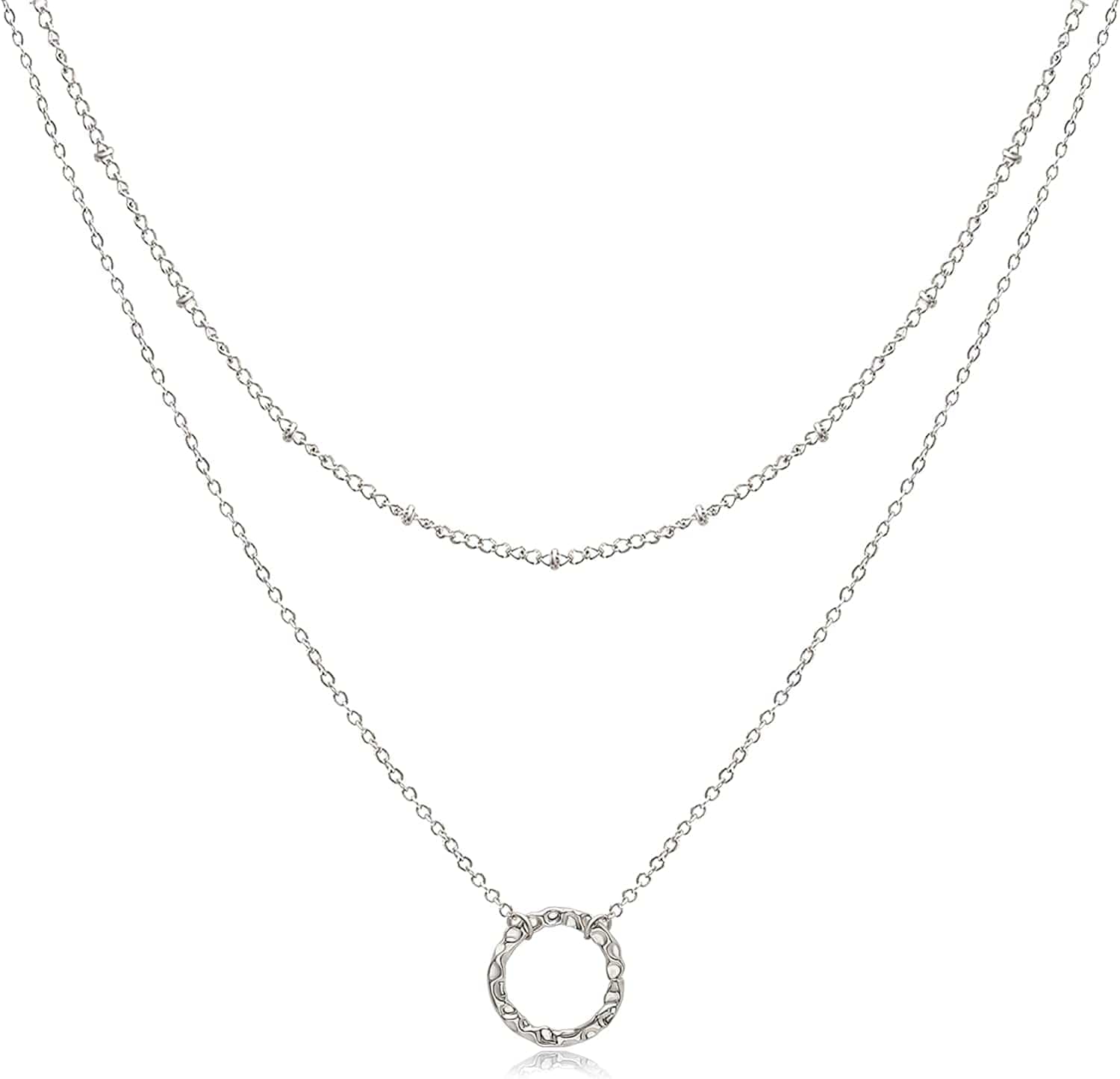 Dainty Layered Choker Necklaces Handmade Coin Tube Star Pearl Pendant Multilayer Adjustable Layering Chain Gold Plated Necklaces Set for Women Girls Silver-Circle Necklace